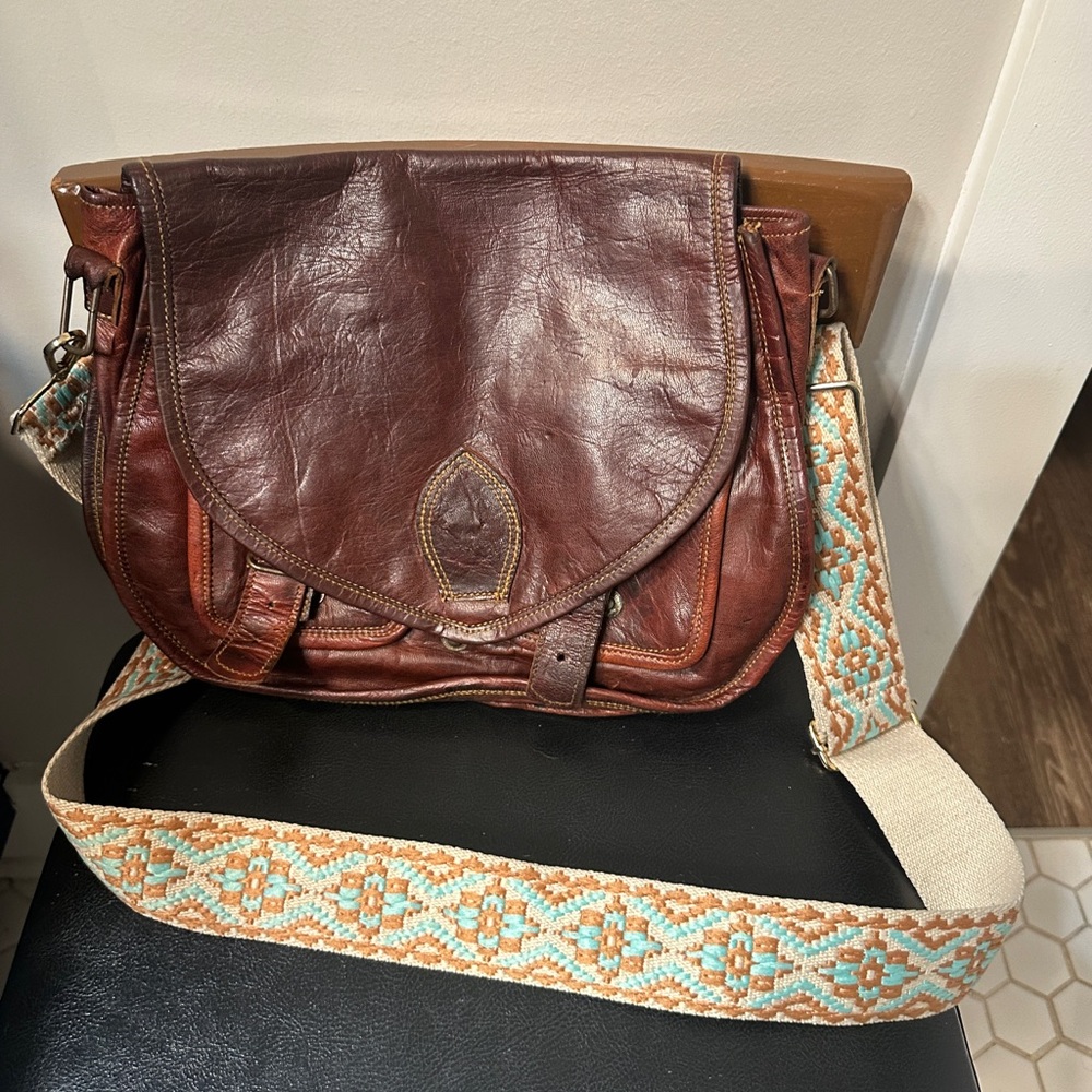 Up cycled Brown reddish  Leather Crossbody Bag with Patterned Strap